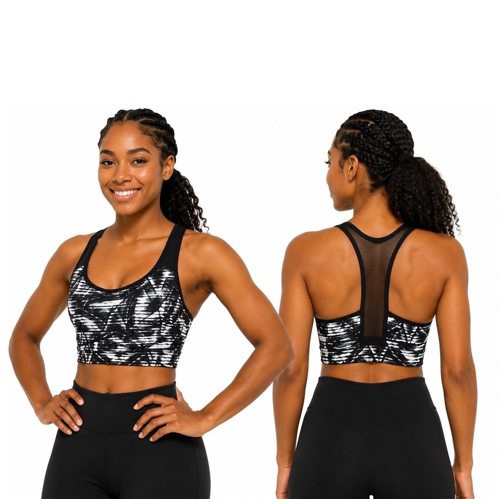 Old Navy Active Go-Dry Sports Bra M Black White Abstract Racerback Yoga 104-66